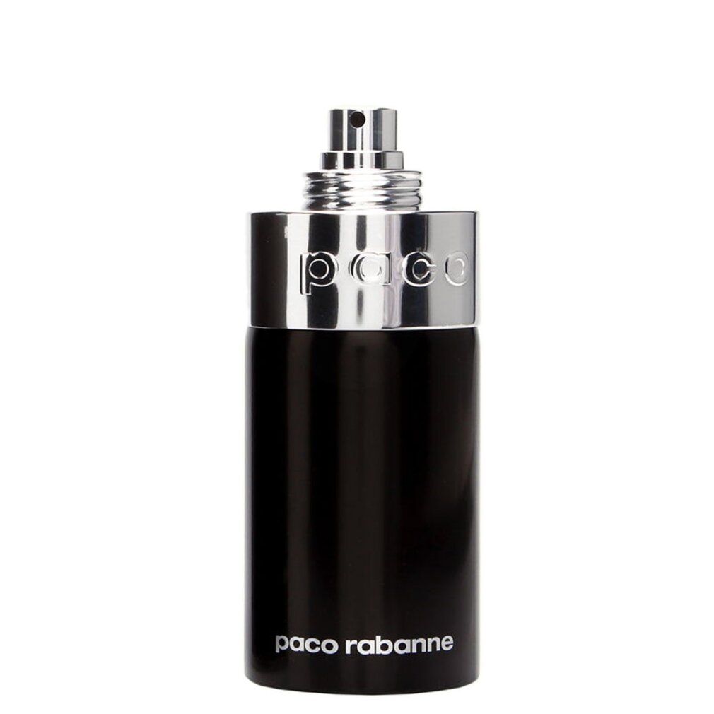 Flacone nero con tappo argentato. Scritta Paco Rabanne. Eau de Toilette Natural Spray.