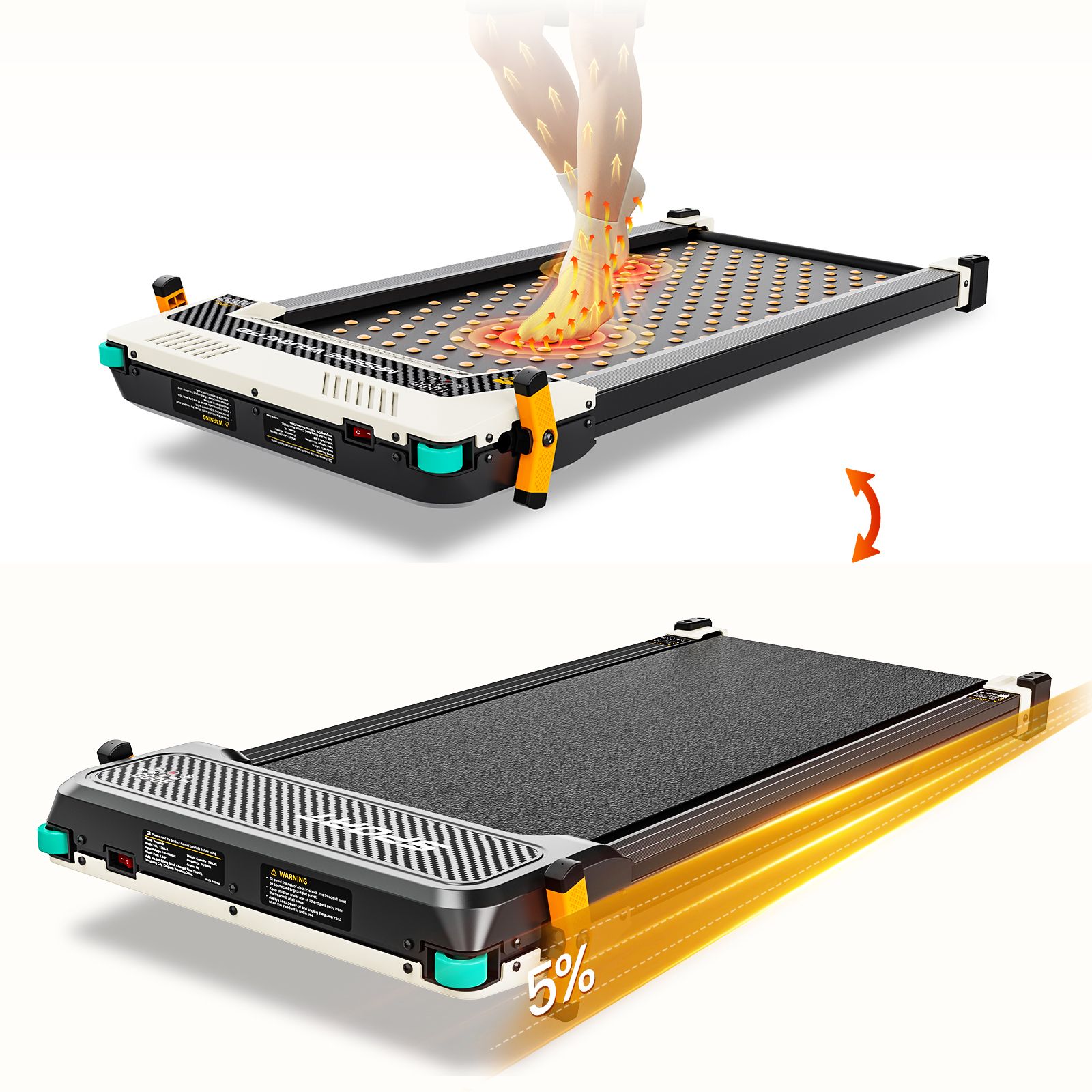 Tapis roulant piatto nero con effetto massaggio plantare. Dettagli verdi e neri. Immagine superiore: piedi sul tapis roulant. Immagine inferiore: tapis roulant.