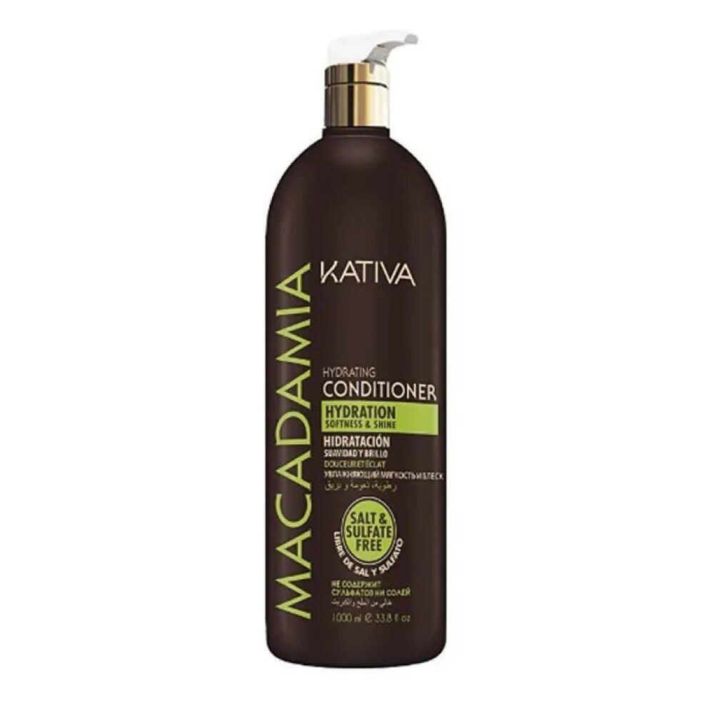 Flacone marrone Kativa Macadamia Conditioner. Erogatore bianco. Testo: Hydrating Conditioner, Salt & Sulfate Free.