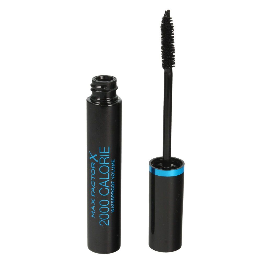 Tubo di mascara nero con accento blu. Spazzola accanto. Scritta: Max Factor 2000 Calorie Waterproof Volume.