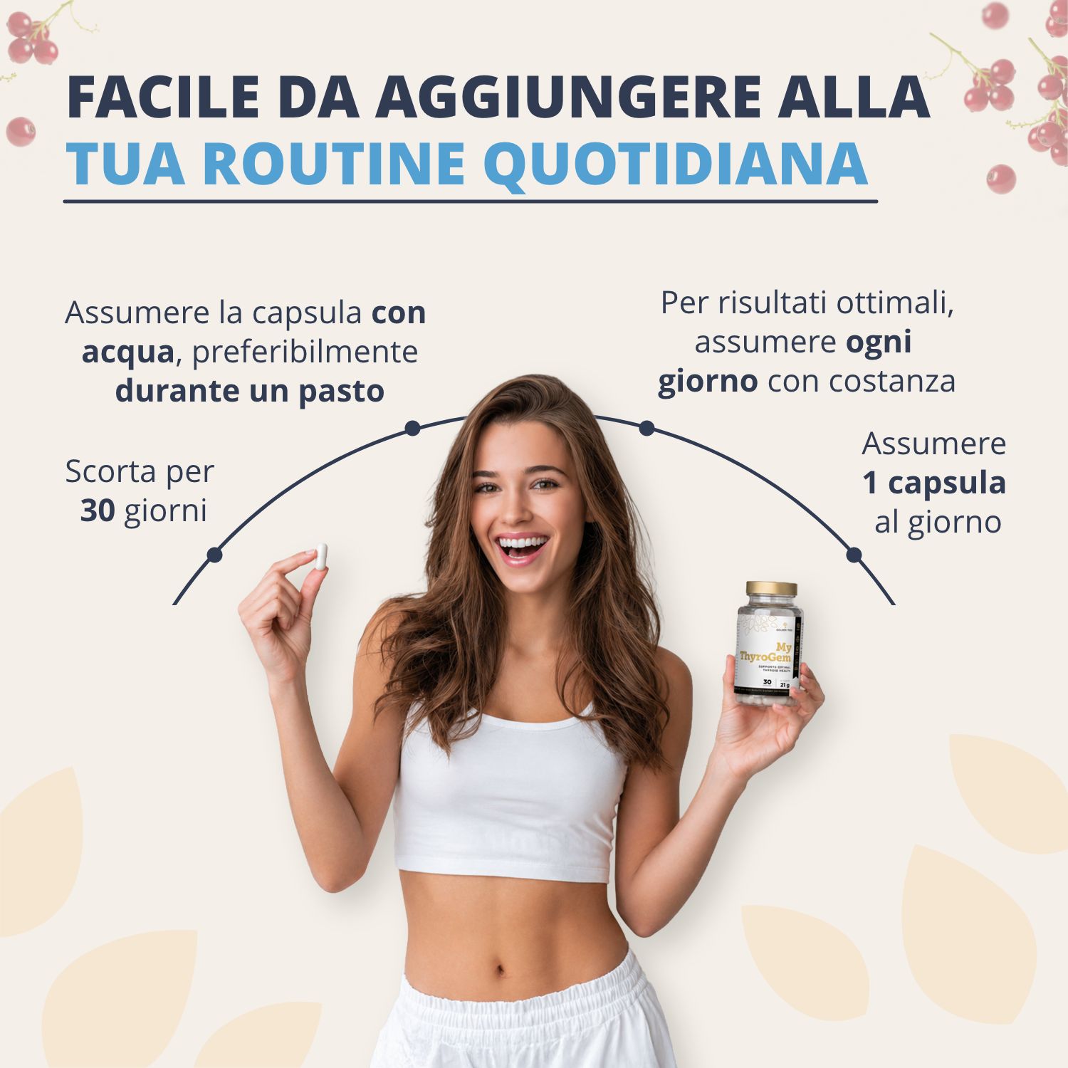 Donna tiene un barattolo Golden Tree My ThyroGem. Scorta di 30 capsule, assumere 1 capsula al giorno.