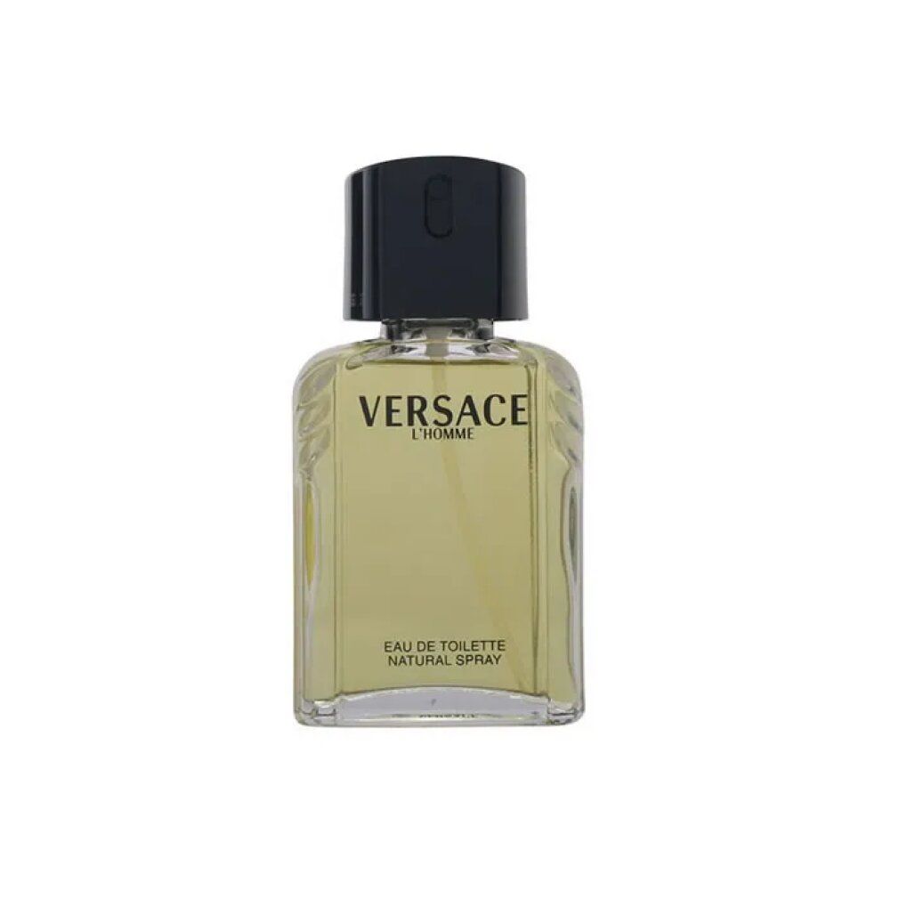 Versace L'Homme Eau de Toilette Spray. Flacone quadrato con tappo nero. Liquido giallastro.