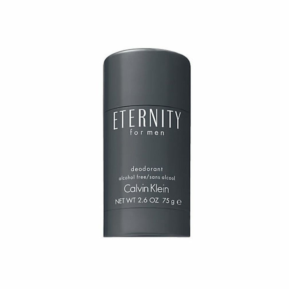 Deostick Eternity for Men di Calvin Klein. Cilindro grigio. Scritta Eternity for Men, deodorante, senza alcool. 75g.