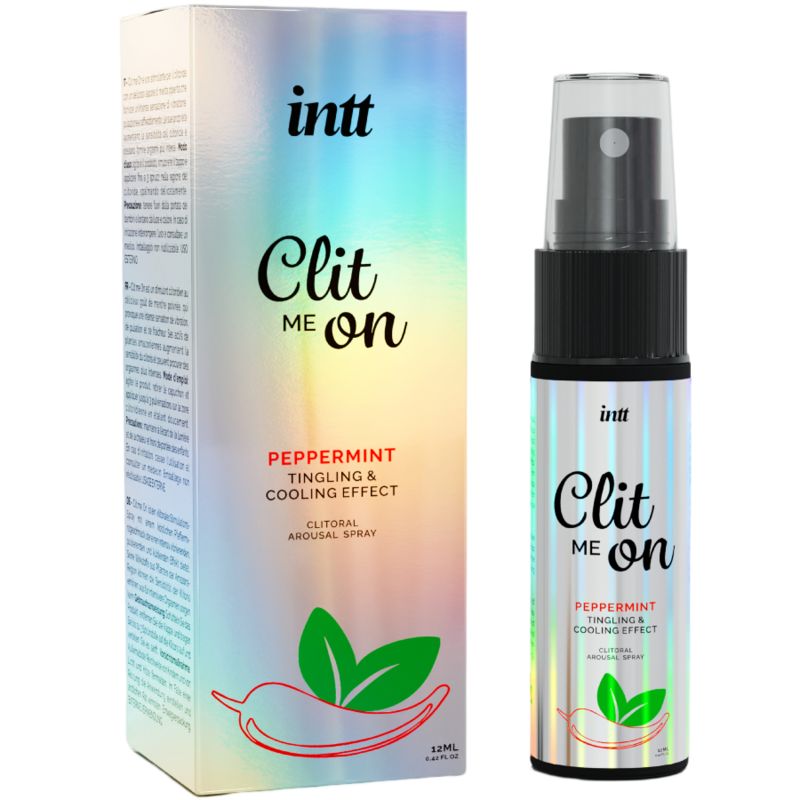 Flacone e confezione. Flacone con vaporizzatore e scatola. Scritta: intt, Clit Me On, Menta piperita, effetto formicolio e rinfrescante.