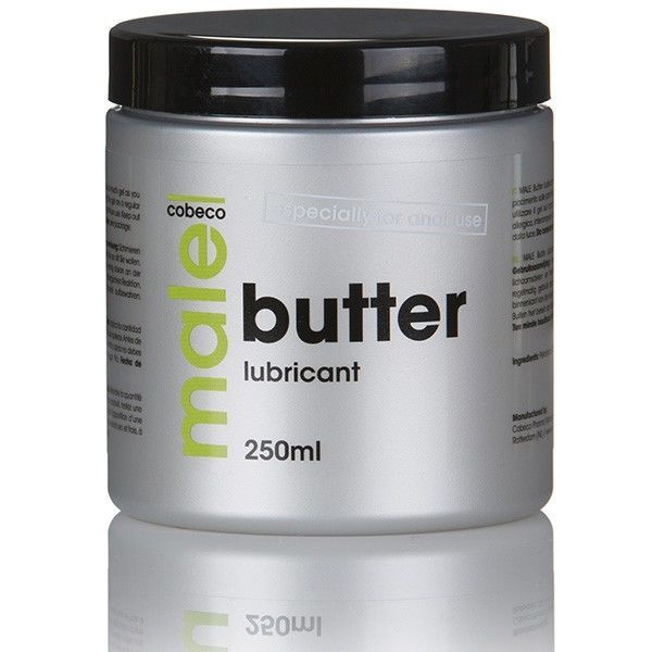 Barattolo argentato con coperchio nero, scritta 'male butter lubricant' e '250ml'.
