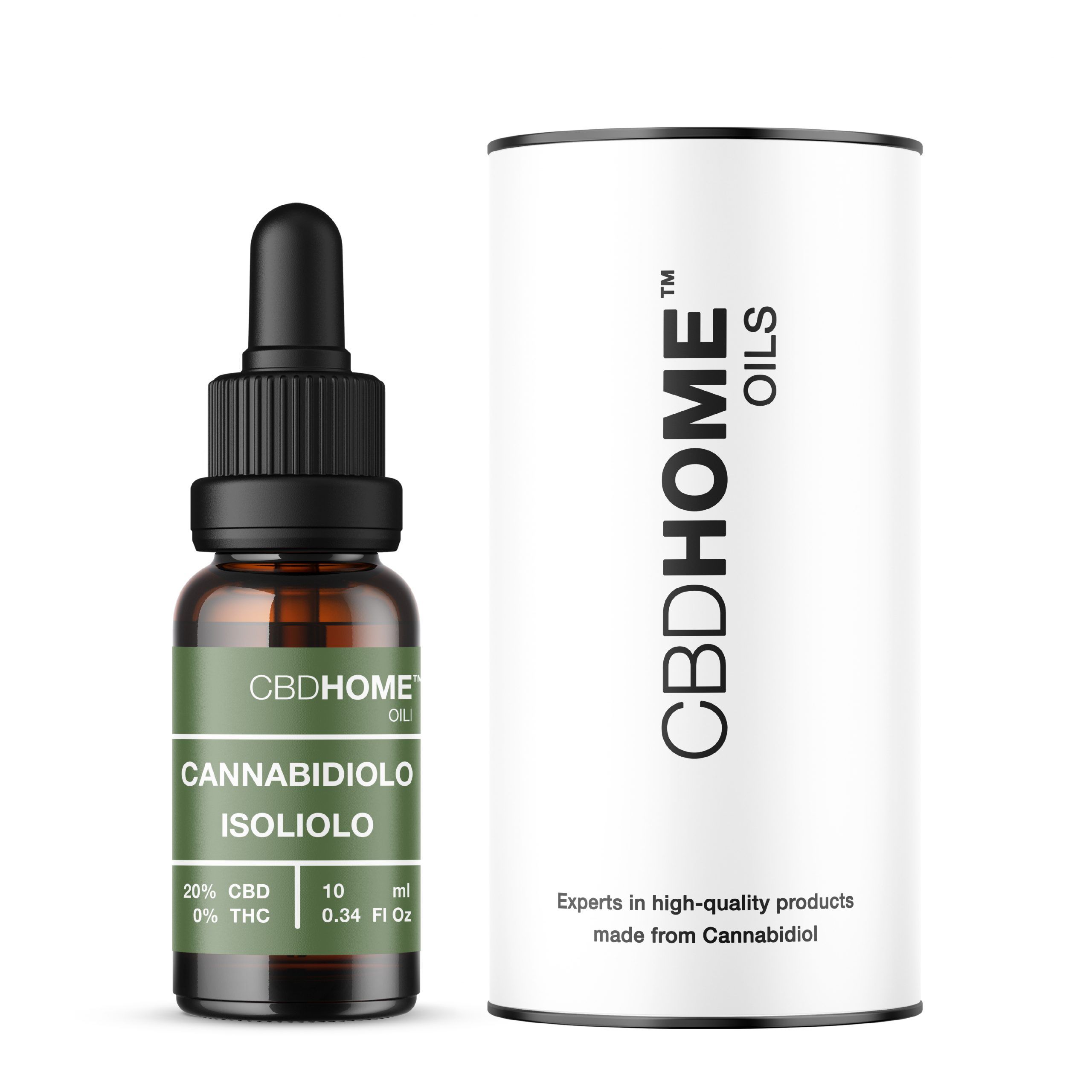 Flacone di olio isolato di CBD CBDHOME con contagocce e confezione cilindrica.