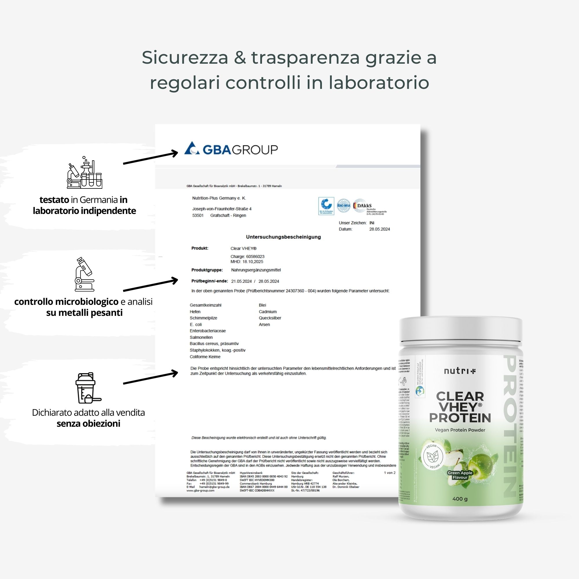 Documenti e prodotto. Test di laboratorio indipendente, controllo microbiologico, senza obiezioni alla vendita.