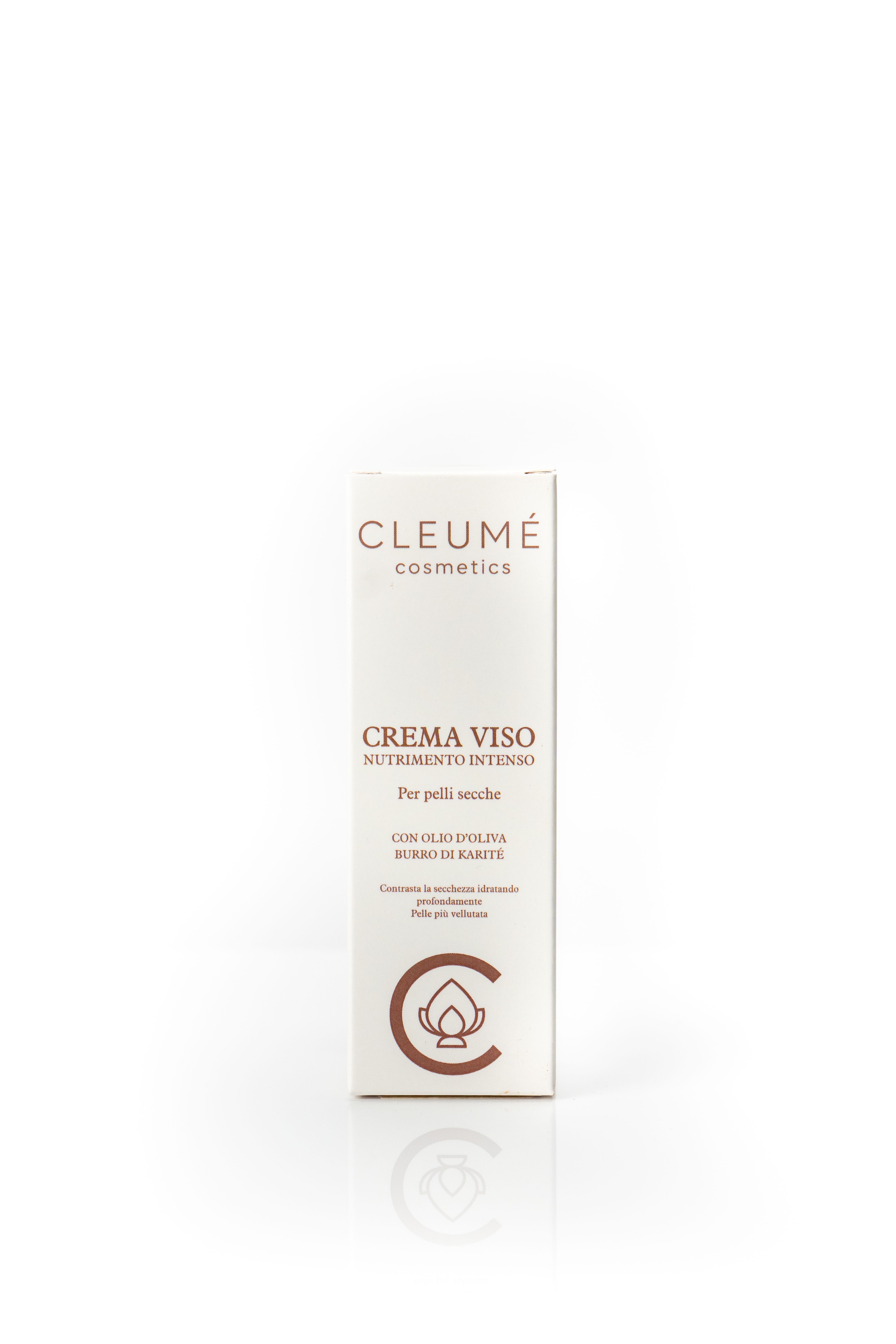 Scatola color crema con "CLEUMÉ cosmetics CREMA VISO". Testo: "Nutrimento Intenso Pelli Secche". Dettagli e logo marroni.