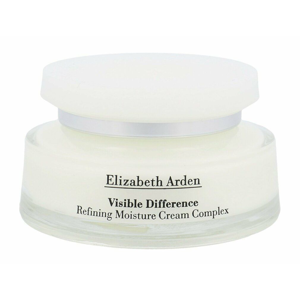 Vaso bianco con coperchio. Scritta: Elizabeth Arden Visible Difference Refining Moisture Creme Complex. Contenitore di vetro.