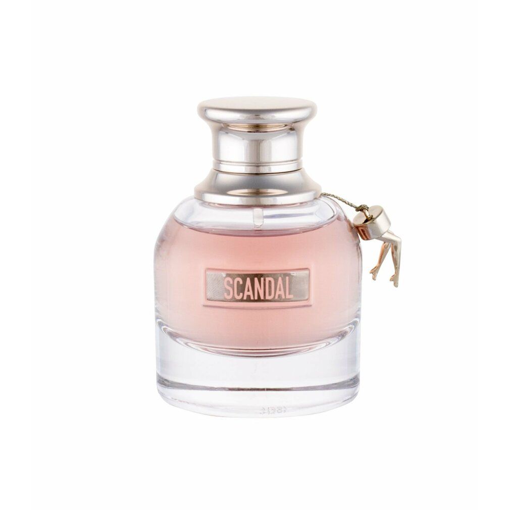 Flacone di profumo rosa con tappo argentato e gambe.