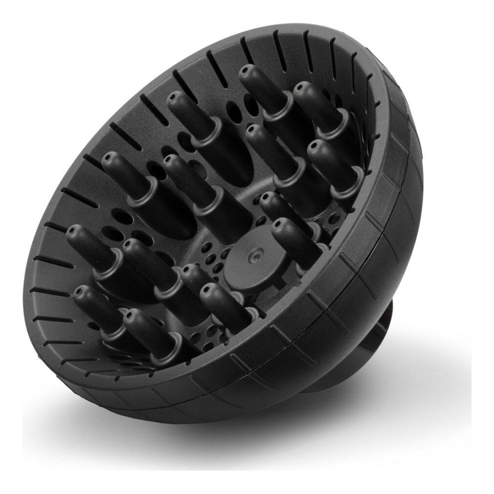 Diffusore nero per asciugacapelli. Forma rotonda con numerose uscite.