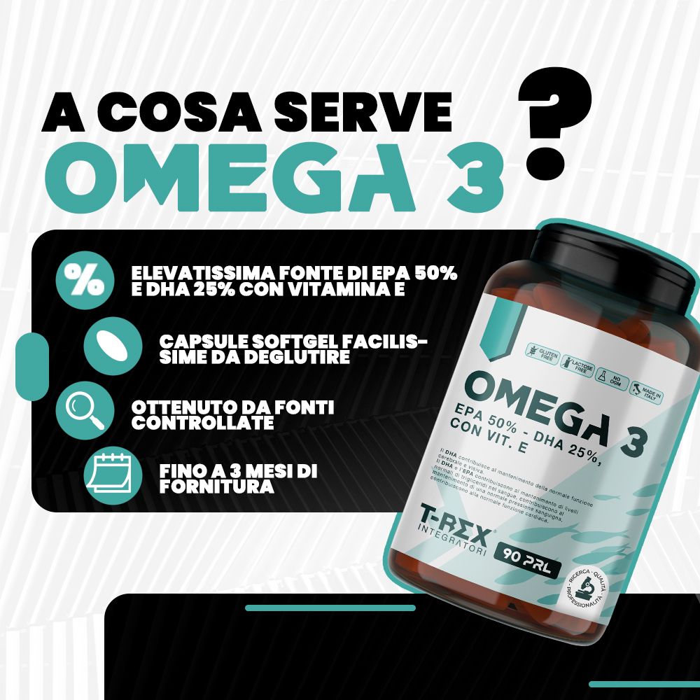 Flacone marrone di Omega 3. Testo: Omega 3, T-Rex Integratori, 90 perle. Scritta: EPA 50% - DHA 25%, con Vit. E.