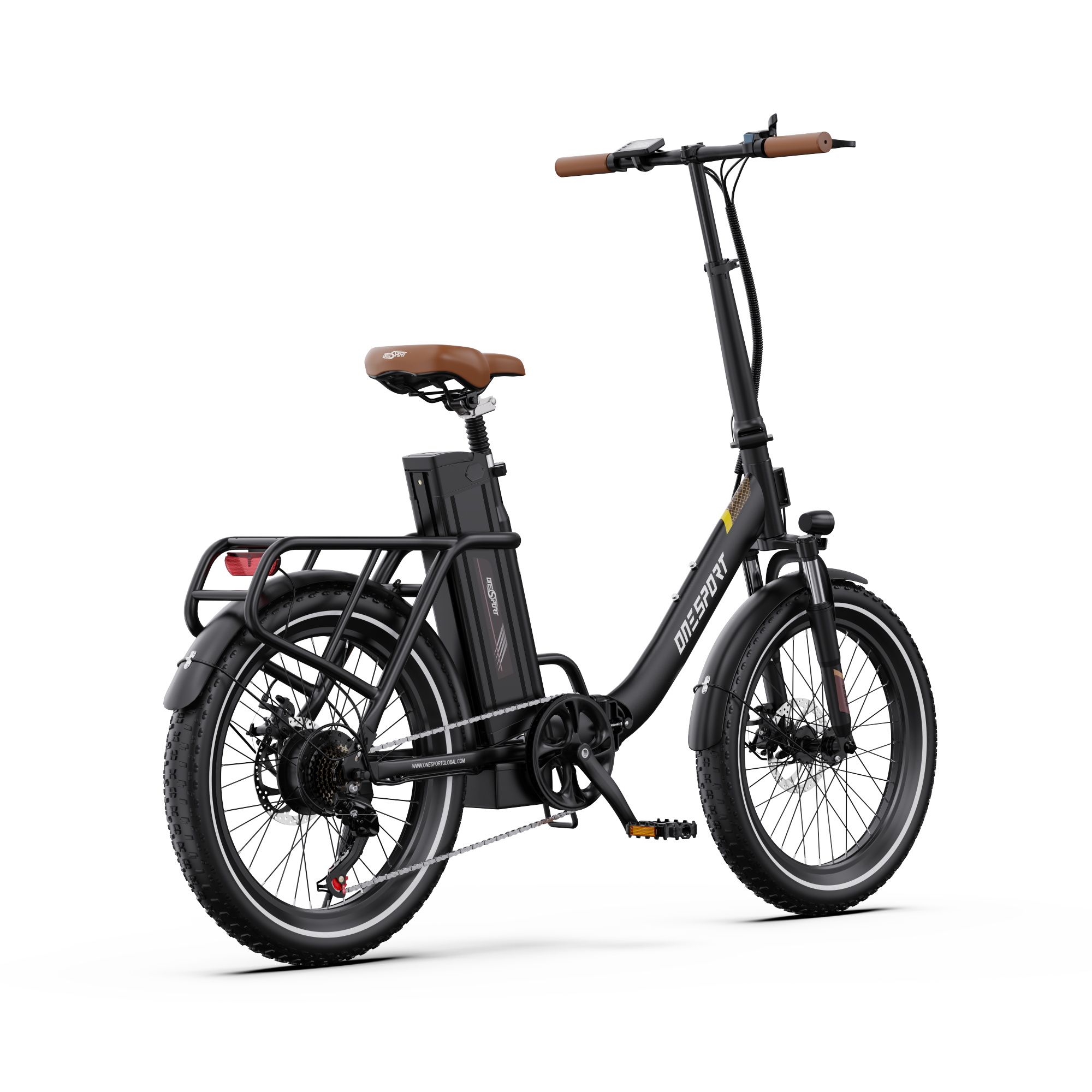Bicicletta elettrica nera con sella marrone. Marchio ONESPORT visibile. Vista posteriore.
