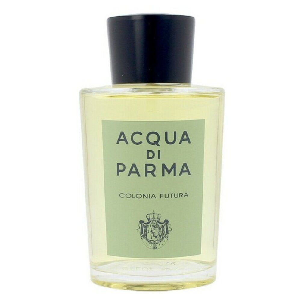 Flacone con tappo nero. Scritta: Acqua Di Parma Colonia Futura. Etichetta verde con stemma. Flacone trasparente.