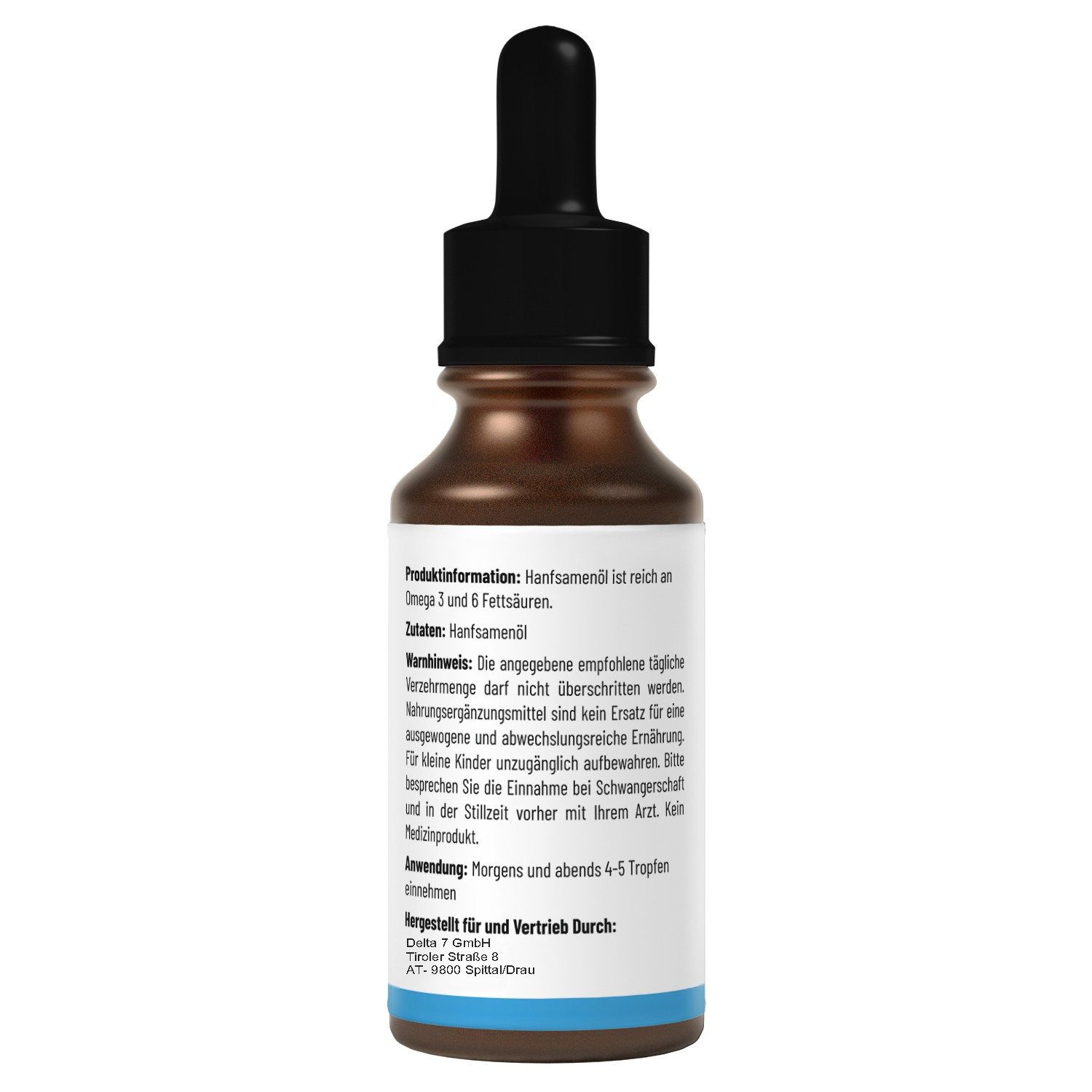 Flacone di vetro marrone con contagocce nero. Retro con testo. Informazioni sul prodotto, ingredienti, avvertenze, uso, produttore.