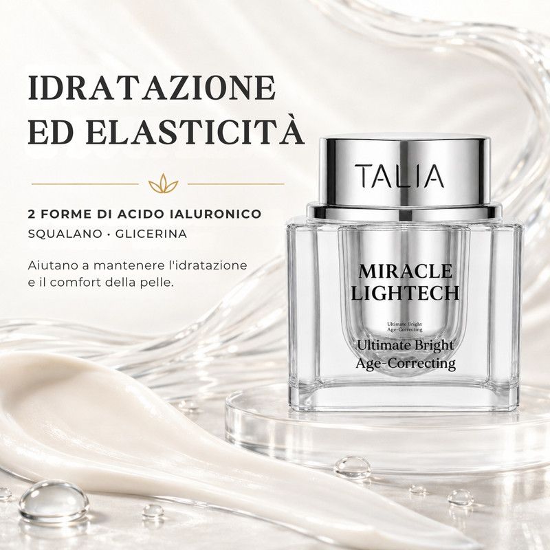 Talia Miracle Lightech Ultimate Bright Age-Correcting Crema con acido ialuronico, squalano e glicerina.