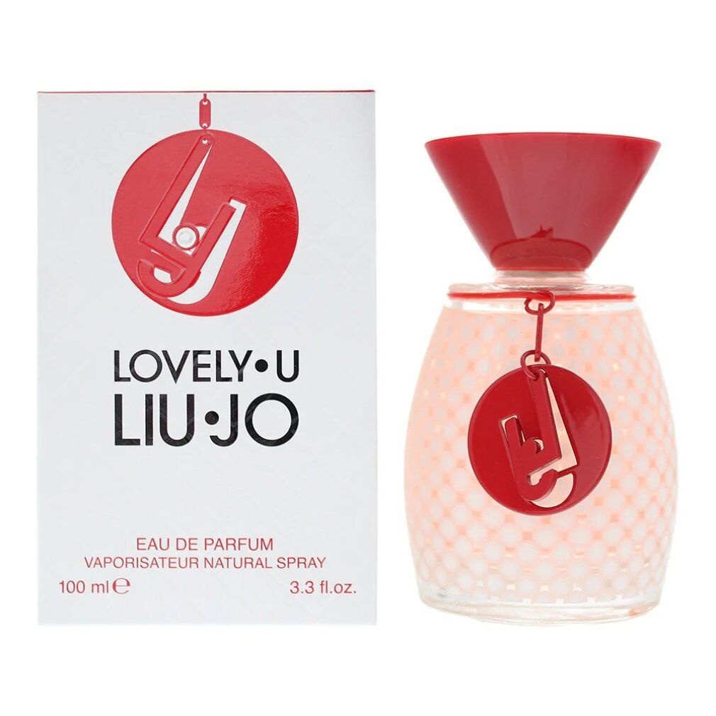 Flacone di profumo e confezione. Flacone con tappo e ciondolo rossi. Confezione con logo e scritta.
