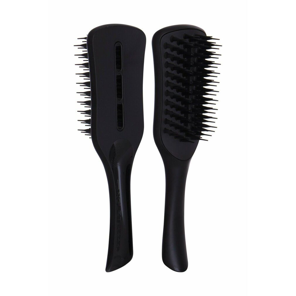 Due spazzole per capelli nere. Una con setole, l'altra con fori di ventilazione. Entrambe hanno un manico. Le setole sono nere.