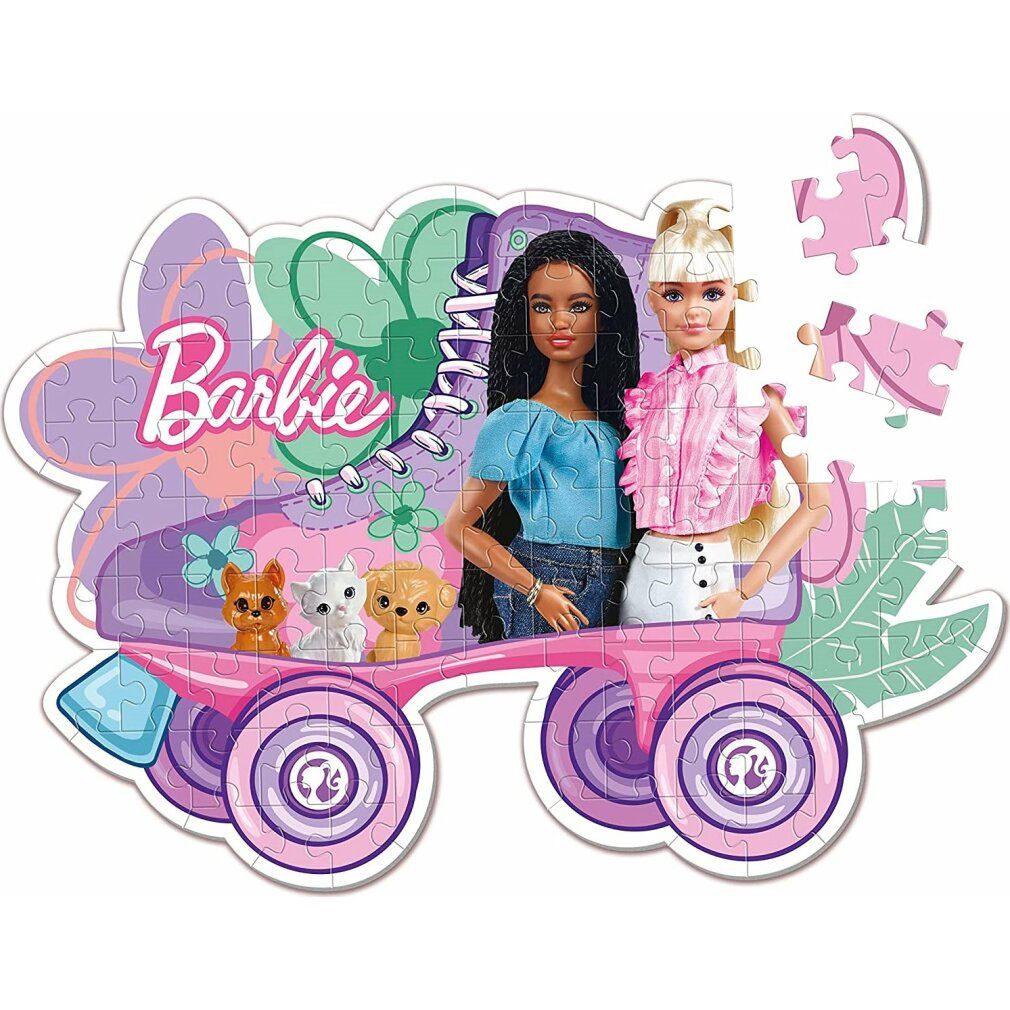Puzzle Barbie, 104 pezzi. Puzzle sagomato con motivo Barbie, due bambole, animali e fiori. Alcuni pezzi del puzzle sono accanto.