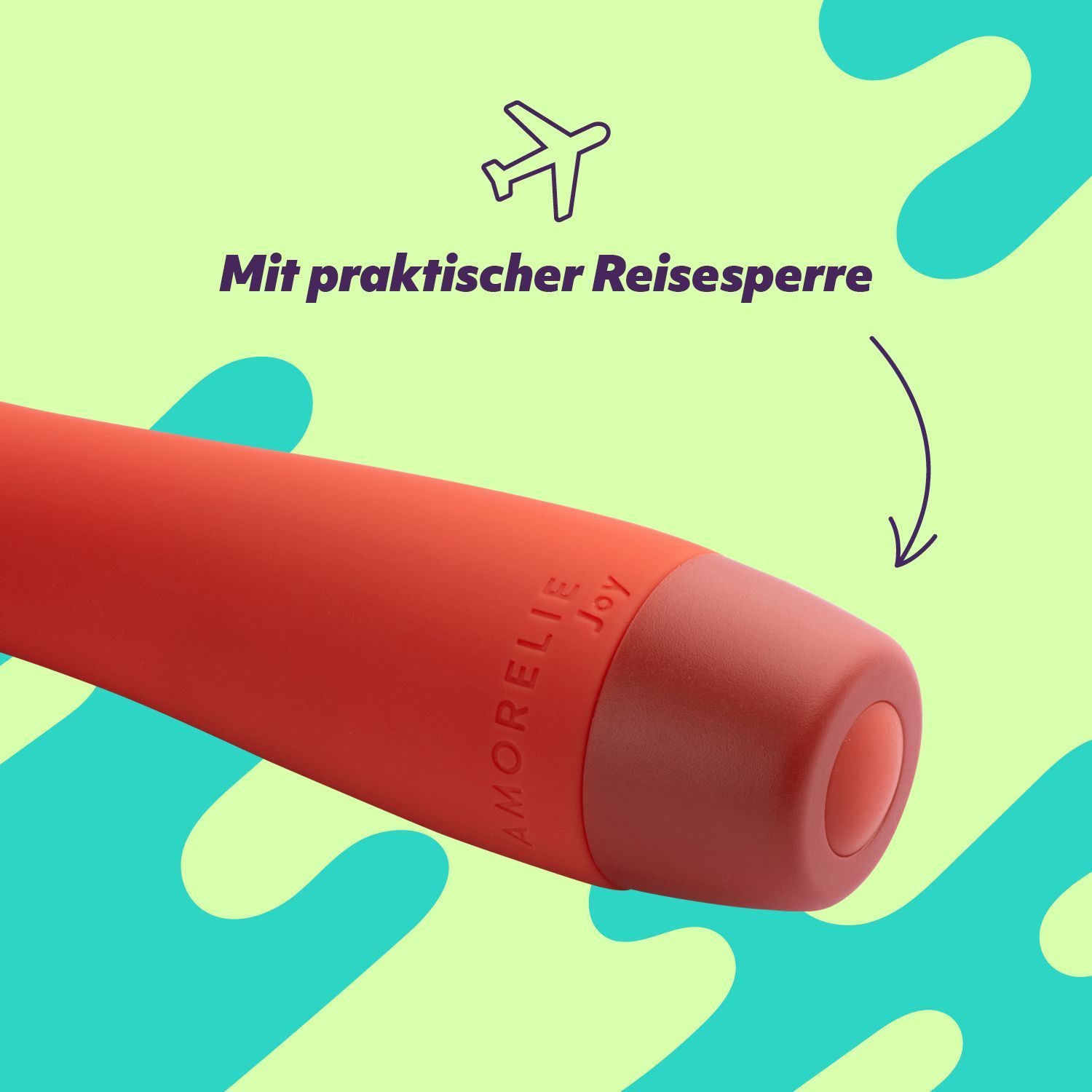 Vibratore rosso con blocco da viaggio. Testo: Con pratico blocco da viaggio.