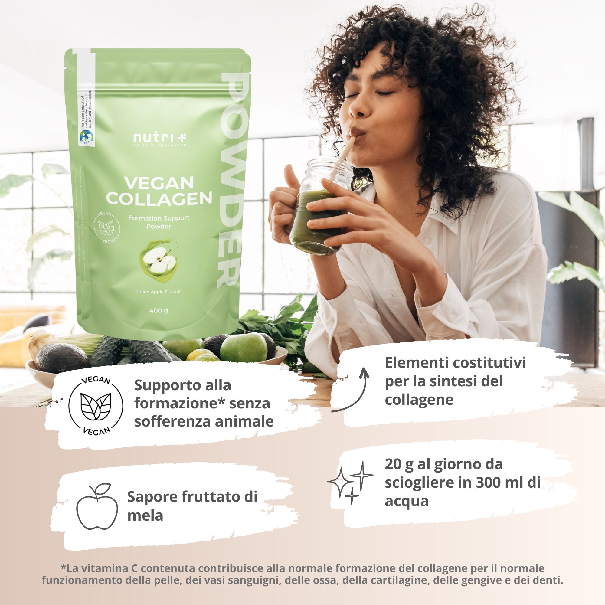 Donna beve bevanda verde. Accanto: sacchetto "VEGAN COLLAGEN". Testo: Formation Support, senza sofferenza animale. Gusto mela.