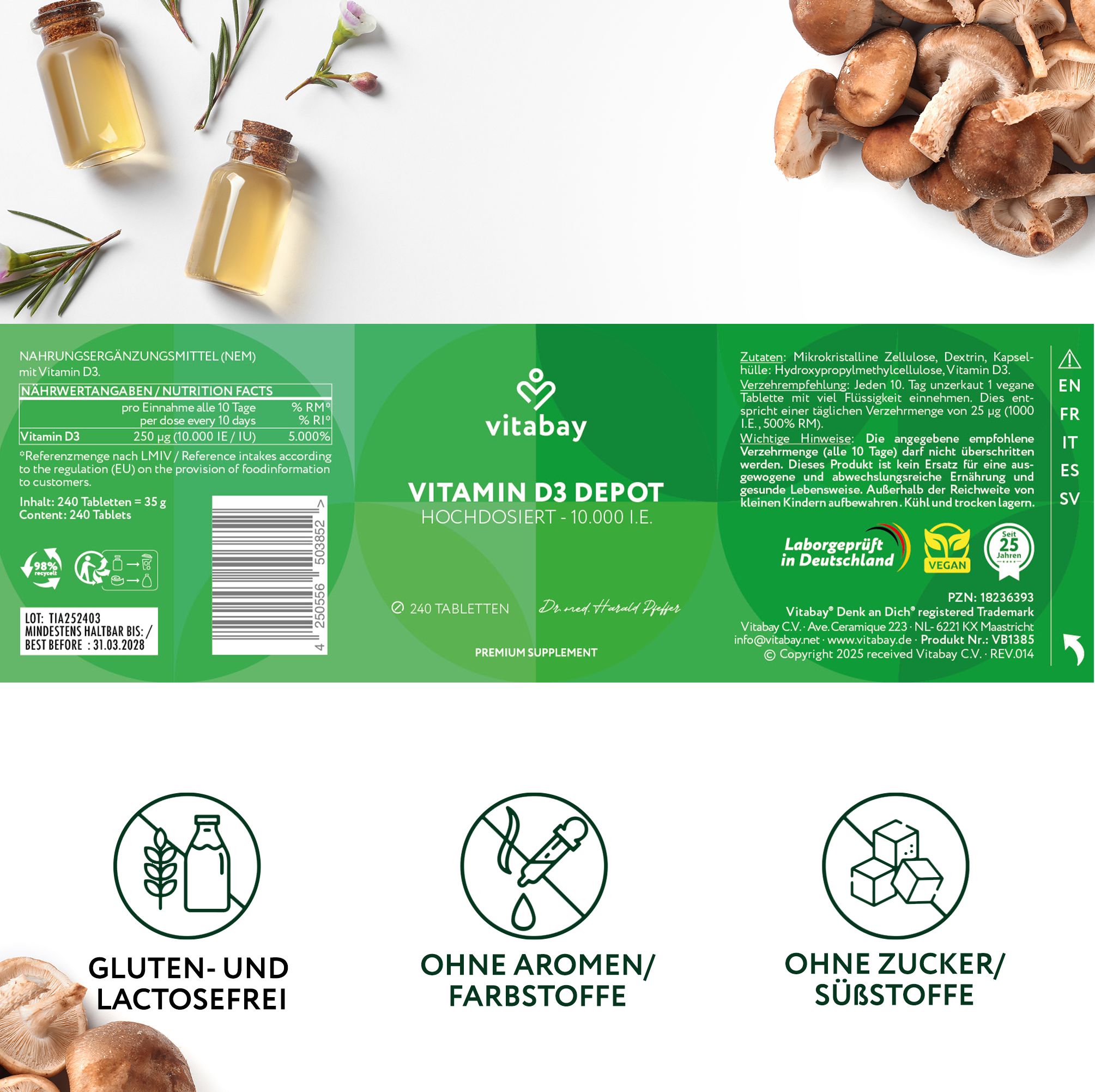 Retro della confezione di Vitabay Vitamin D3 Depot 10.000 I.E. compresse. Contiene informazioni sul prodotto e certificazioni.