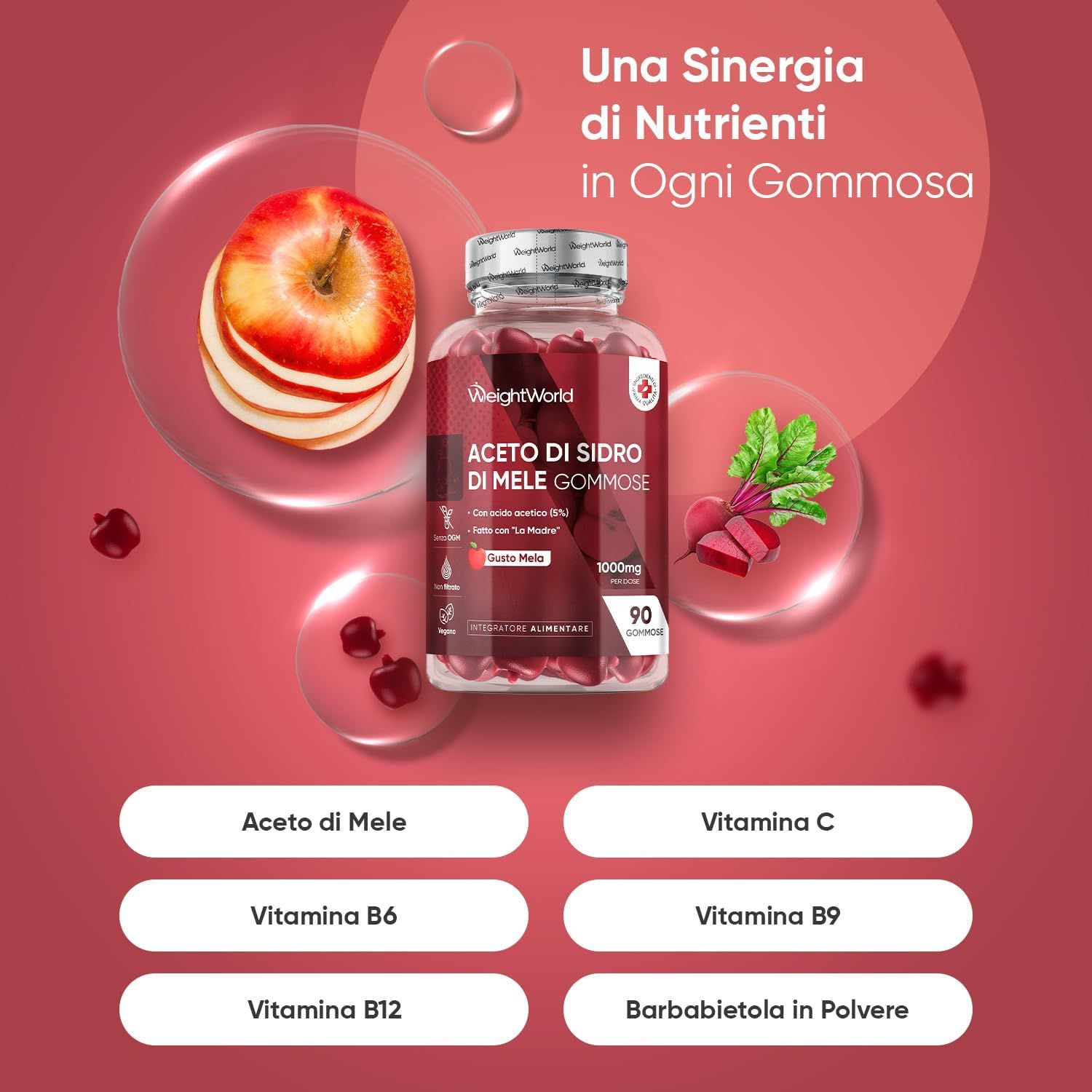 Flacone di prodotto con caramelle gommose, circondato da vitamine e ingredienti. Testo: Aceto di Sidro di Mele Gommose, 1000mg, 90 pezzi.
