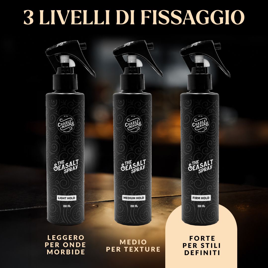 Tre flaconi spray neri con etichette che indicano diversi livelli di tenuta: leggera, media, forte.