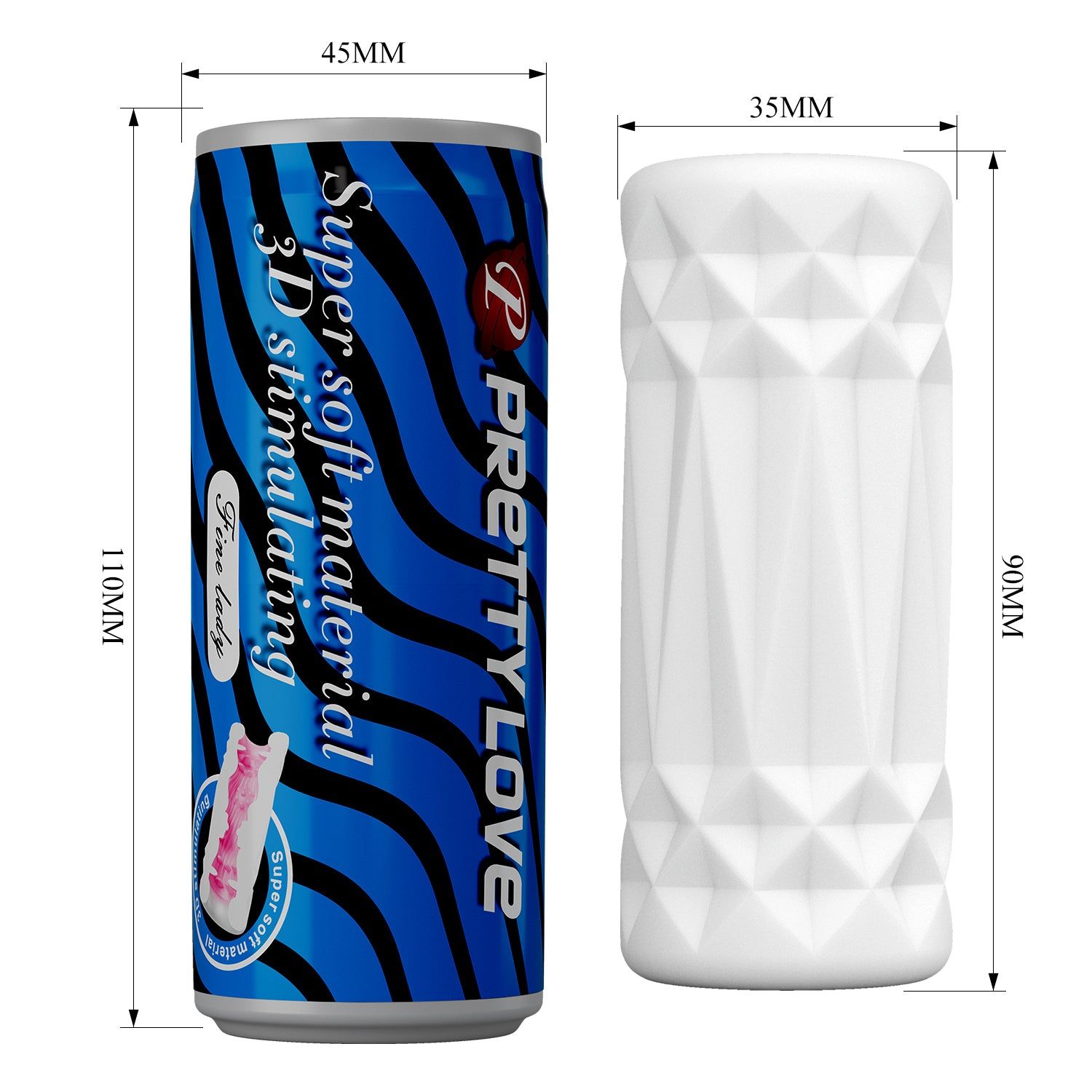 Prodotto cilindrico con superficie geometrica e lattina con testo. Dimensioni: 90x35mm, 110x45mm.