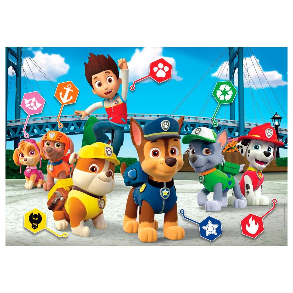 Puzzle Paw Patrol. Personaggi: Chase, Marshall, Skye, Rubble, Rocky, Zuma. Sfondo: ponte, simboli.