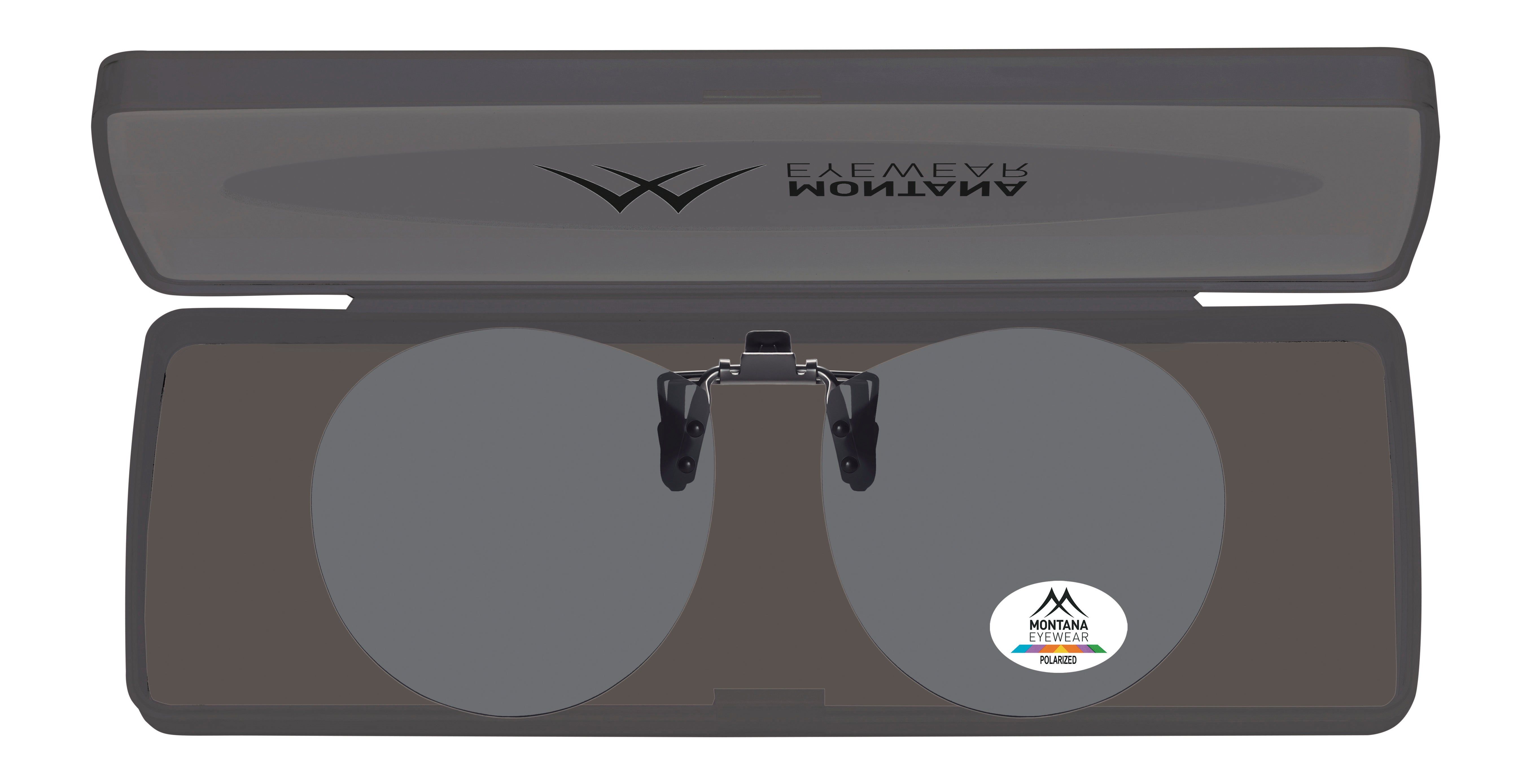 Occhiali da sole a clip Montana Eyewear Sopot in custodia. Lenti nere, logo. Custodia con logo del marchio.