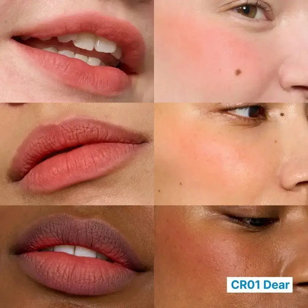 Primi piani di labbra e guance con fard. Diverse tonalità della pelle. Testo: CR01 Dear.