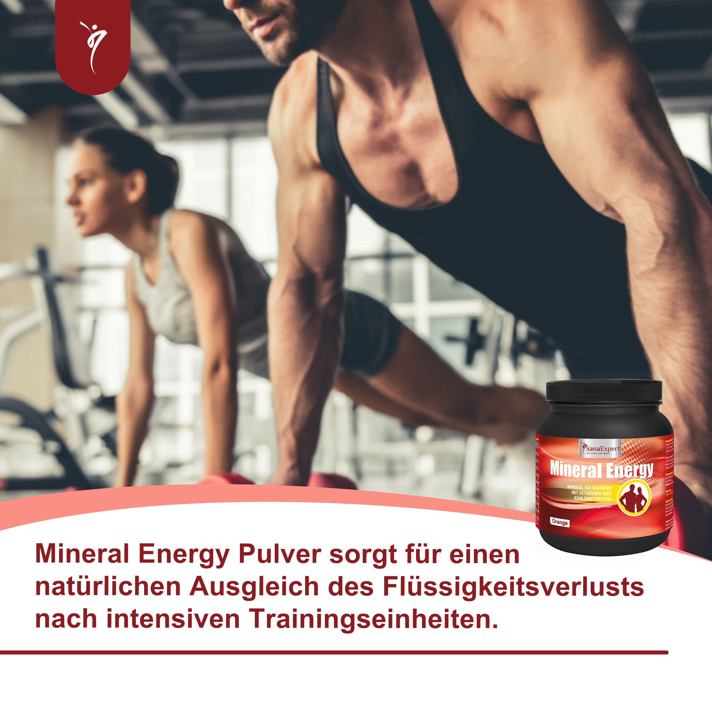 Due persone si allenano in palestra. Contenitore SanaExpert Mineral Energy. Contenitore nero con etichetta arancione. Nome del prodotto visibile.