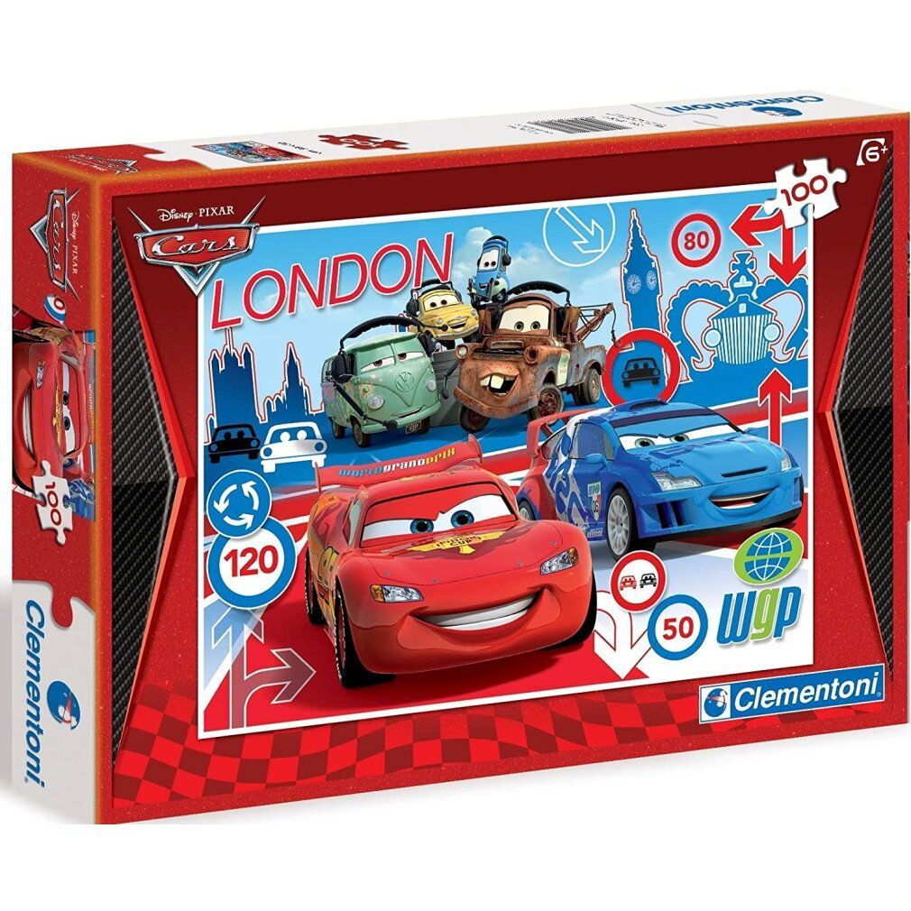 Scatola puzzle Disney Cars, 100 pezzi. Rossa, con personaggi Cars e scena di Londra. Logo Clementoni.