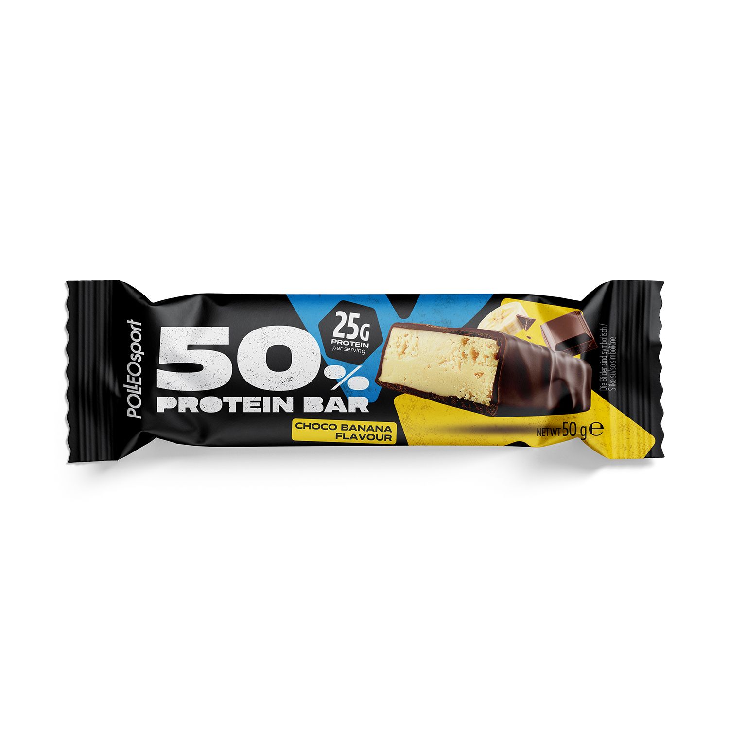 Barretta proteica gusto cioccolato-banana. Confezione nera con dettagli prodotto e vista della barretta. 50% proteine.