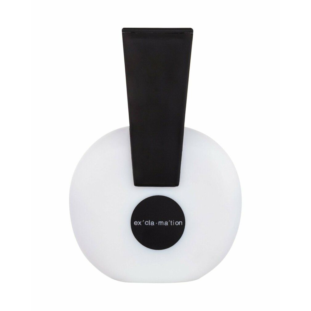 Flacone rotondo bianco con tappo nero. "ex'cla-ma'tion" sul flacone.