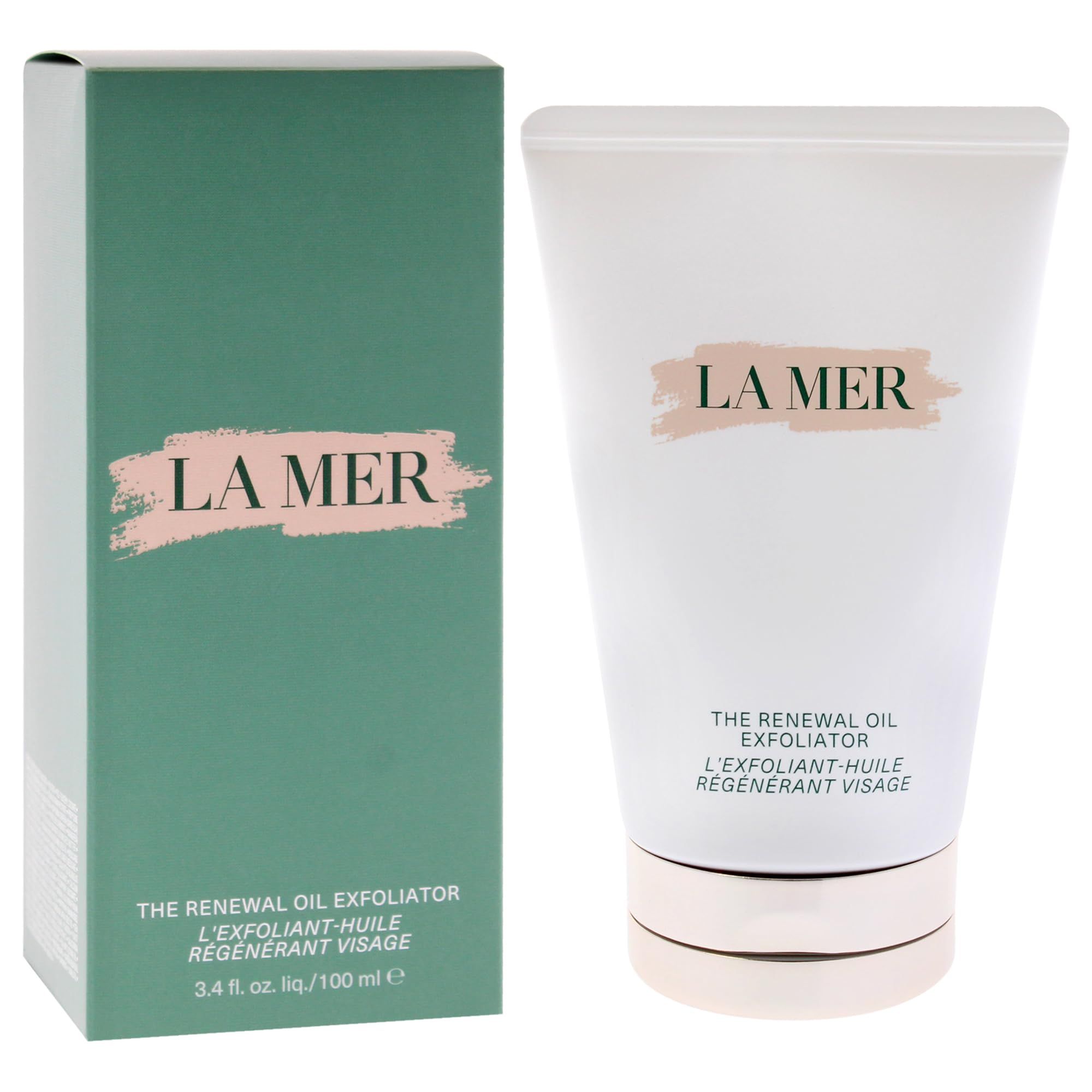 Prodotto e confezione verde. Scritta: LA MER, THE RENEWAL OIL EXFOLIATOR, L'EXFOLIANT-HUILE RÉGÉNÉRANT VISAGE. 3.4 fl. oz. liq./100 ml e.