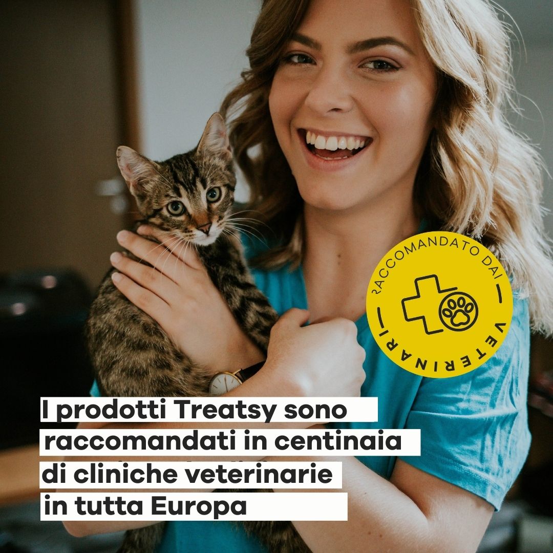 Donna tiene in braccio un gatto. Logo giallo: "Raccomandato dai veterinari". Testo.
