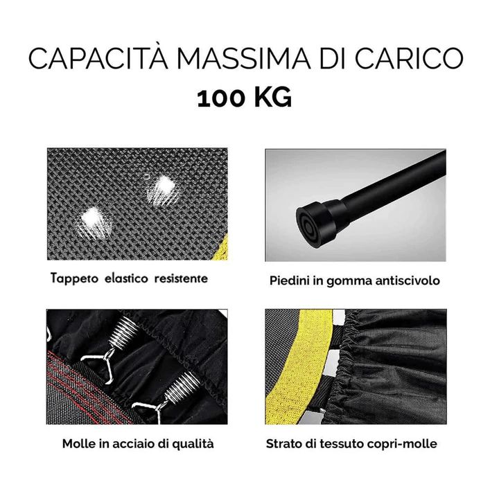 Dettagli del trampolino. Carico massimo 100 kg. Parti: tappeto elastico, piedini in gomma antiscivolo, molle in acciaio.
