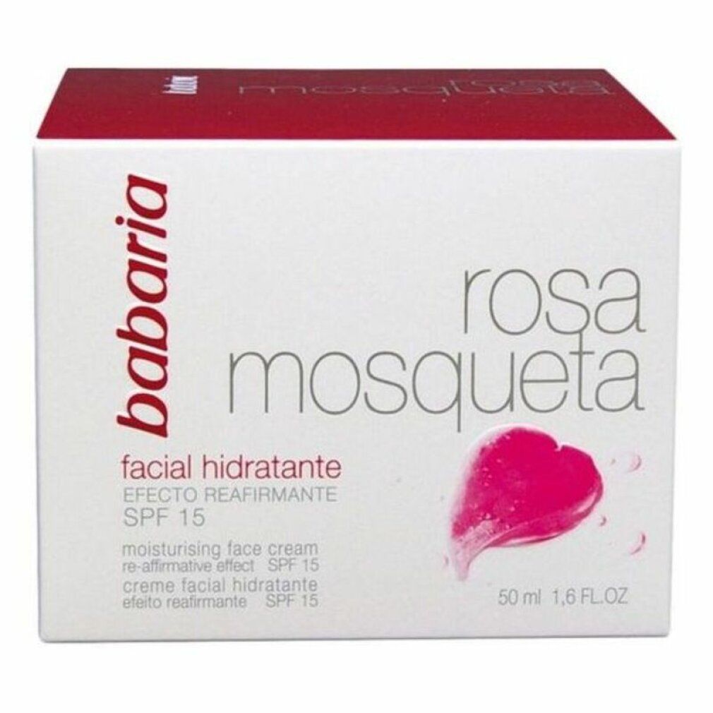 Scatola bianca con coperchio rosso. Scritta: Babaria, rosa mosqueta, facial hidratante, SPF 15. Design a cuore rosa.