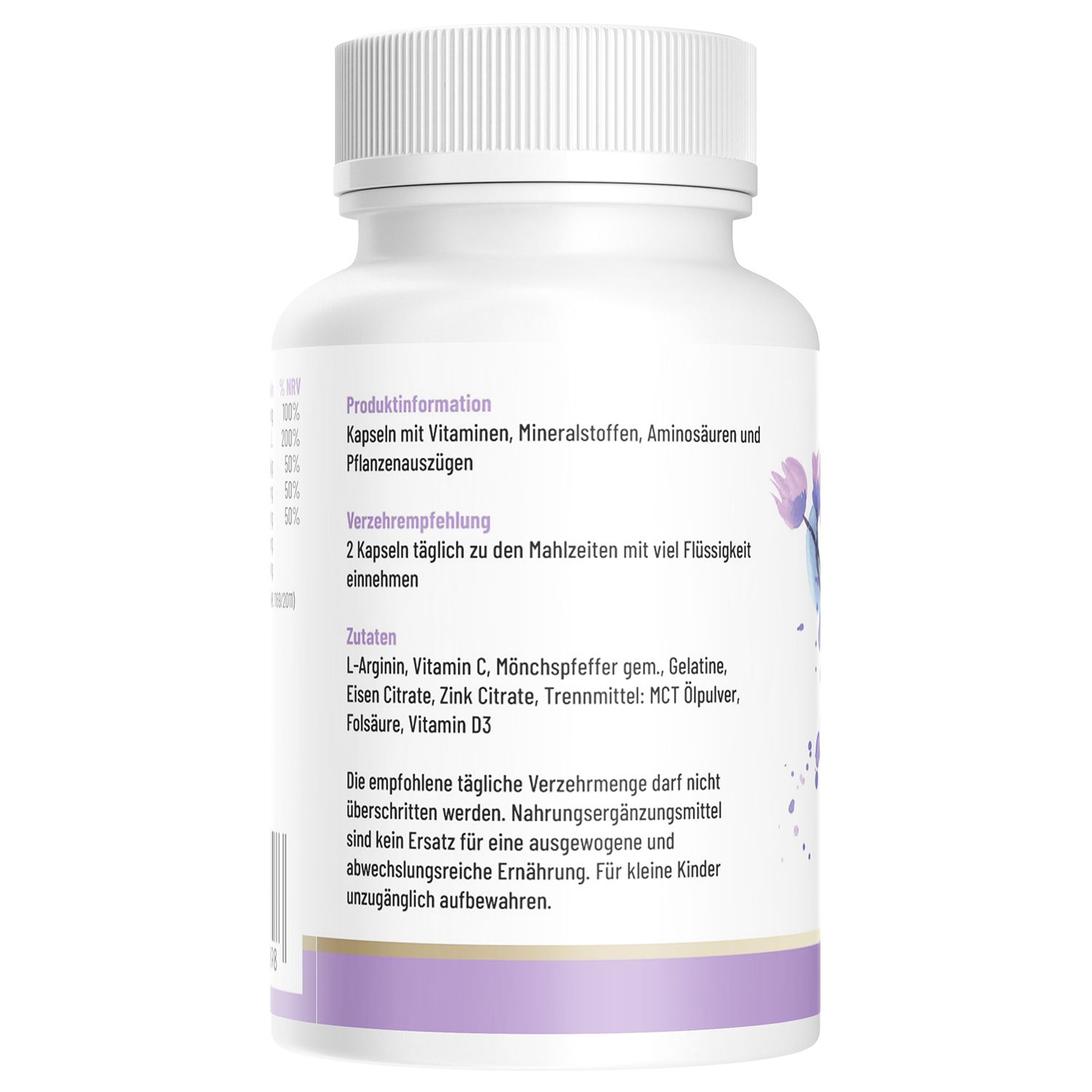 Retro del flacone con informazioni sul prodotto. Raccomandazione: 2 capsule al giorno. Elenco ingredienti.