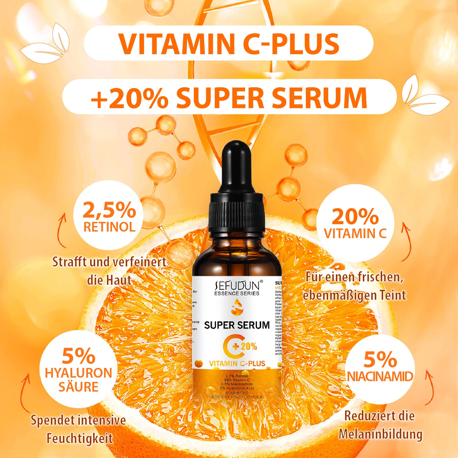 Flacone di siero con contagocce, circondato da grafici. Scritta: SEFUDUN, Super Siero C +20% Vitamina C-Plus. Ingredienti: Retinolo, Vitamina C, Acido Ialuronico.