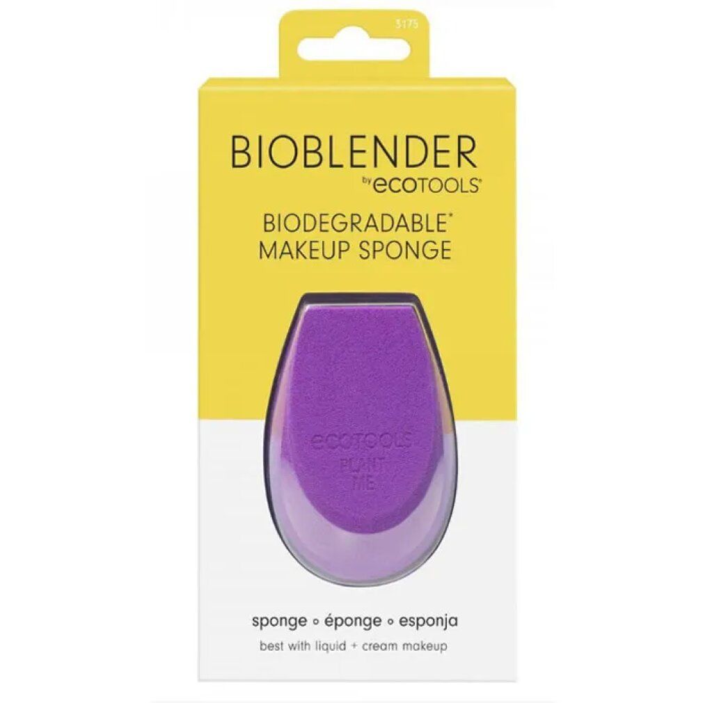 Spugna per trucco Bioblender viola in confezione. Scatola gialla con nome e testo del prodotto. Testo in 3 lingue in basso.