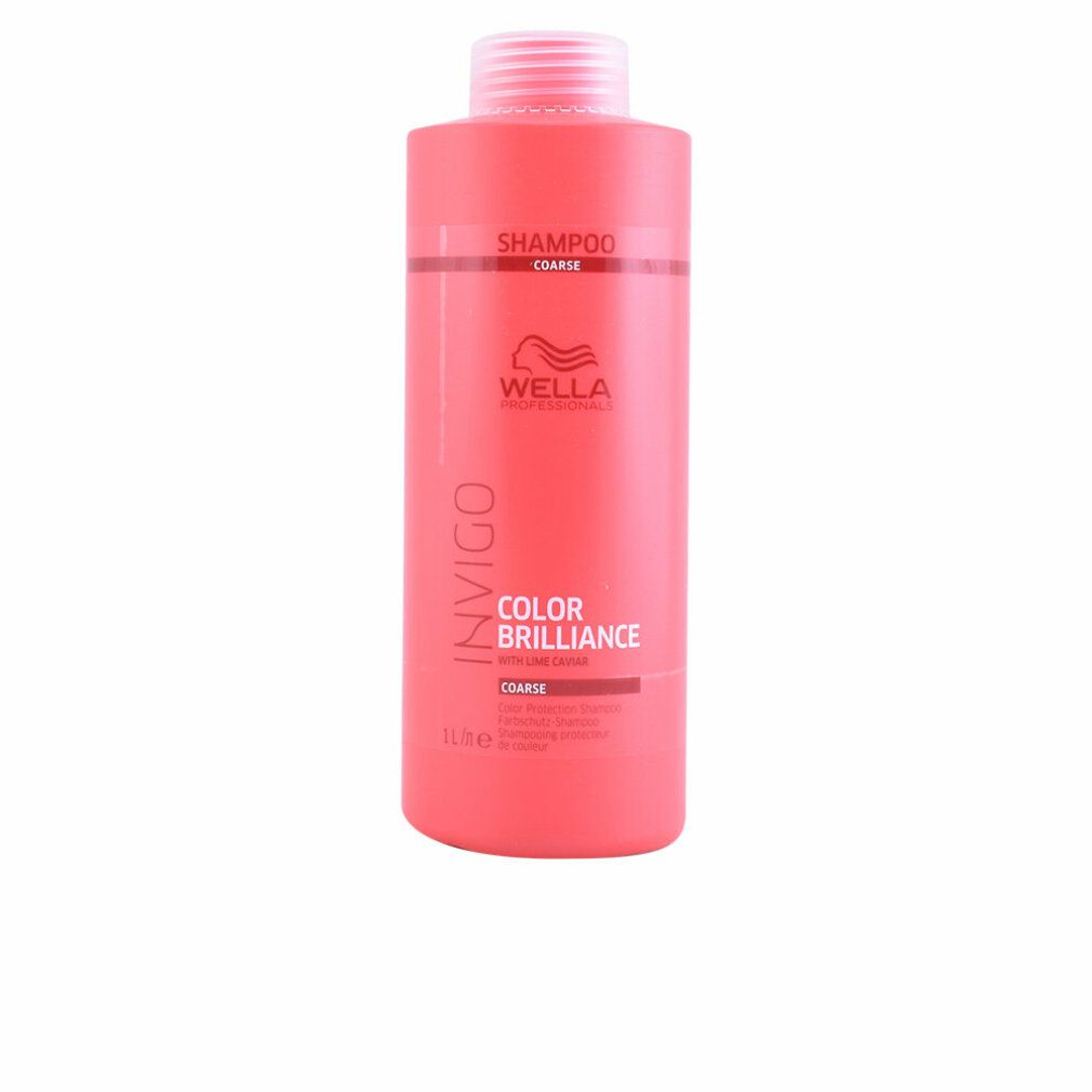 Flacone di shampoo rosso con tappo bianco. Scritta: Wella Invigo Color Brilliance per capelli spessi. Testo: Shampoo, Coarse, 1L.