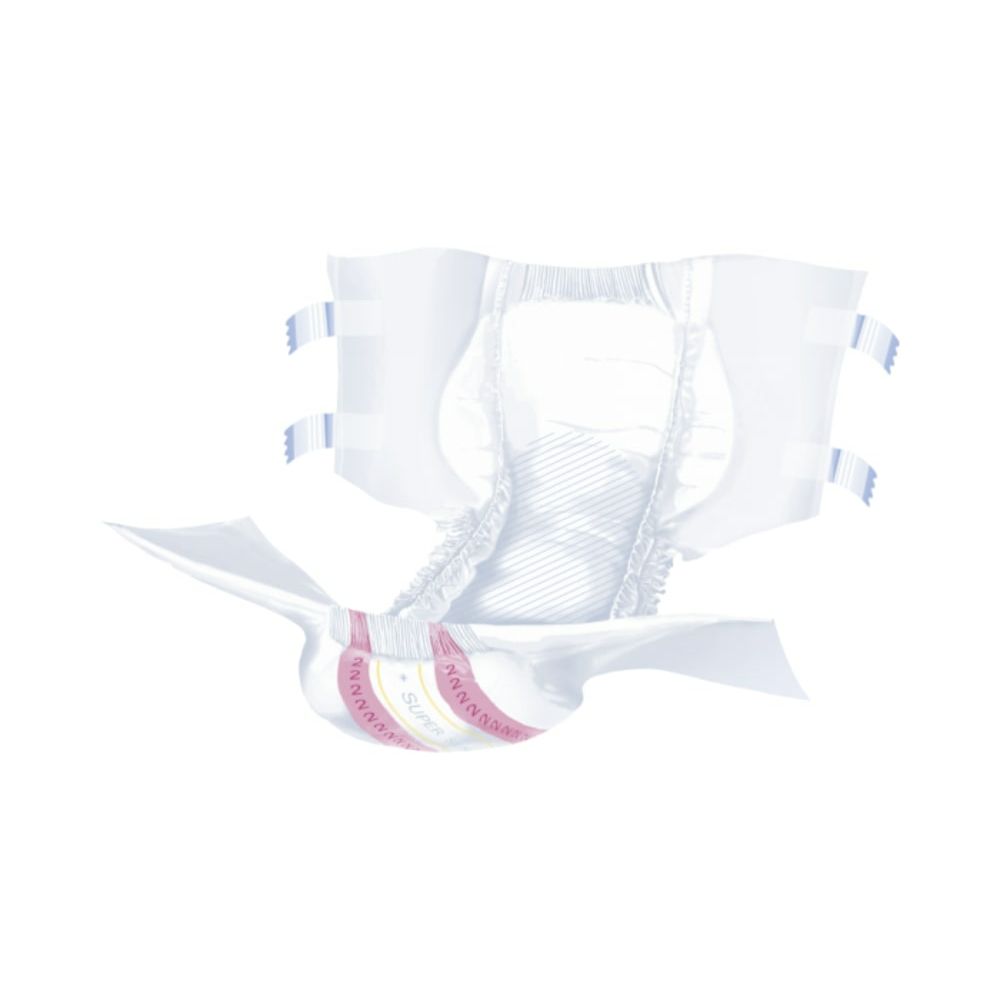 Pannolino per incontinenza bianco aperto. Segni rosa e gialli. Chiusure adesive blu.