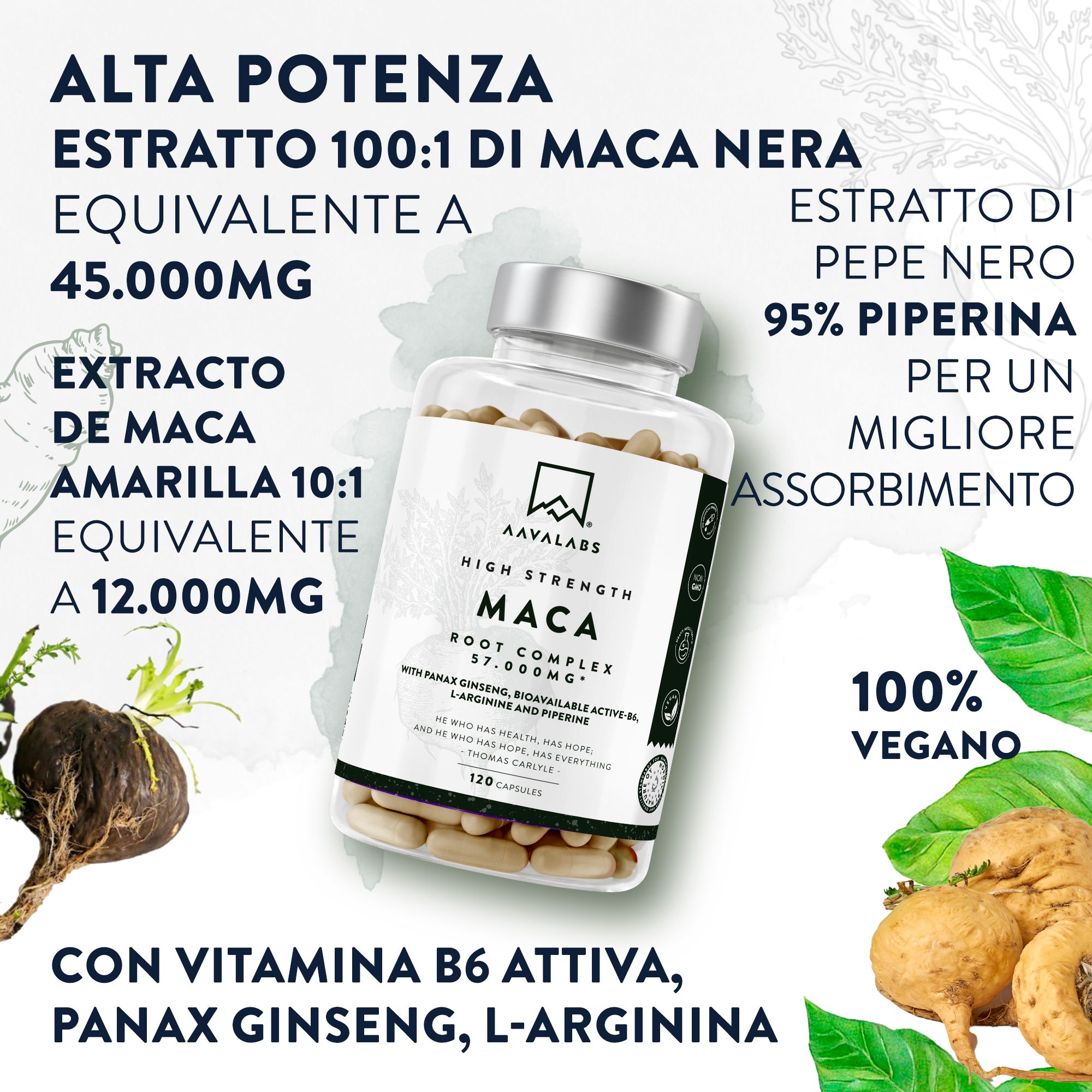 Flacone con capsule, testo e illustrazioni. 100% vegano. Radice di maca nera.