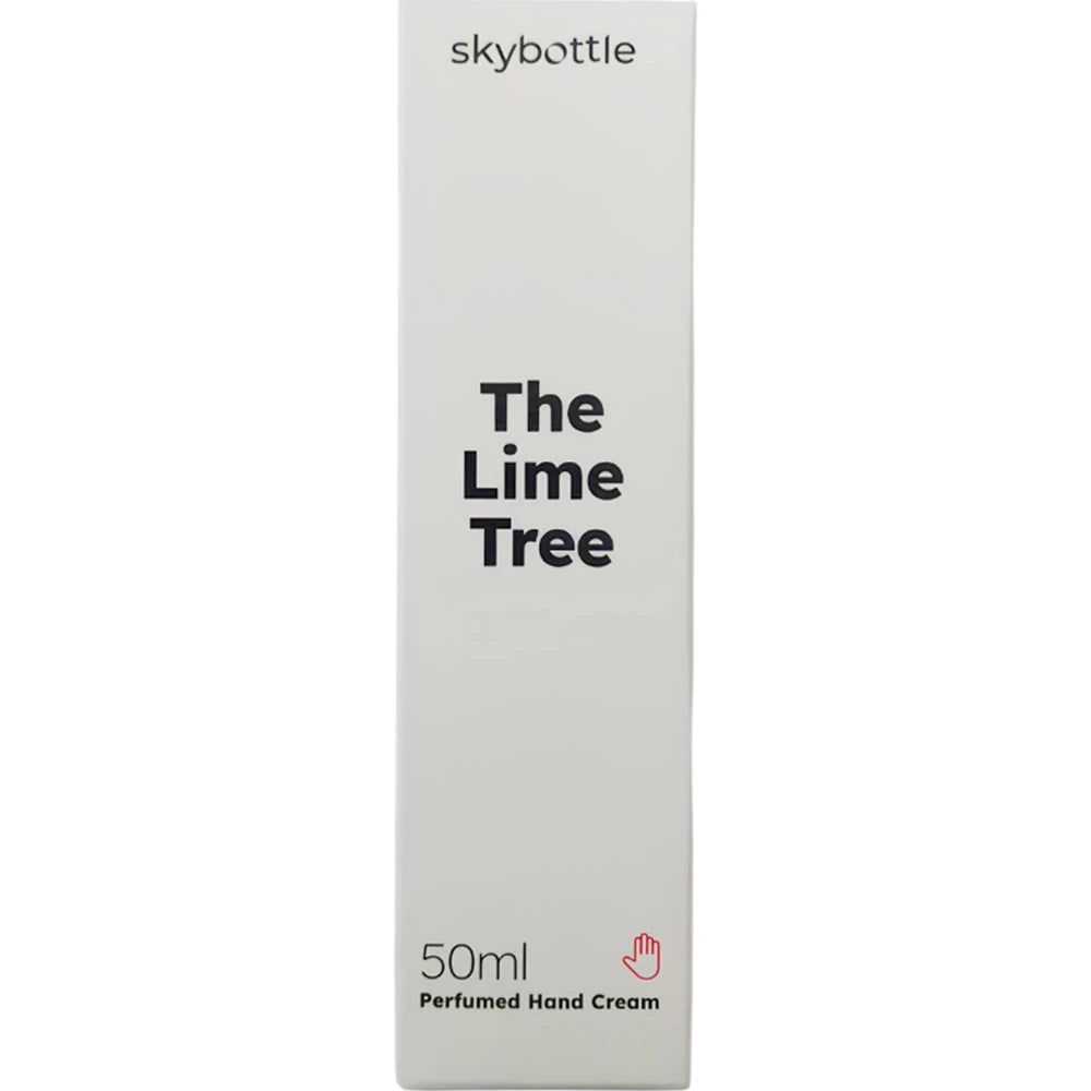 Confezione bianca per crema mani SKYBOTTLE "The Lime Tree". Testo: "The Lime Tree", "50ml Perfumed Hand Cream". Simbolo della mano.