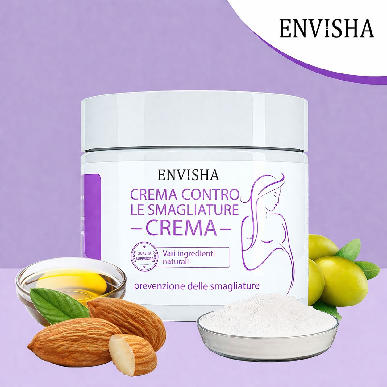 Vasetto di crema ENVISHA, ingredienti: mandorle, olio, polvere. Testo: ENVISHA, crema contro le smagliature, ingredienti naturali.