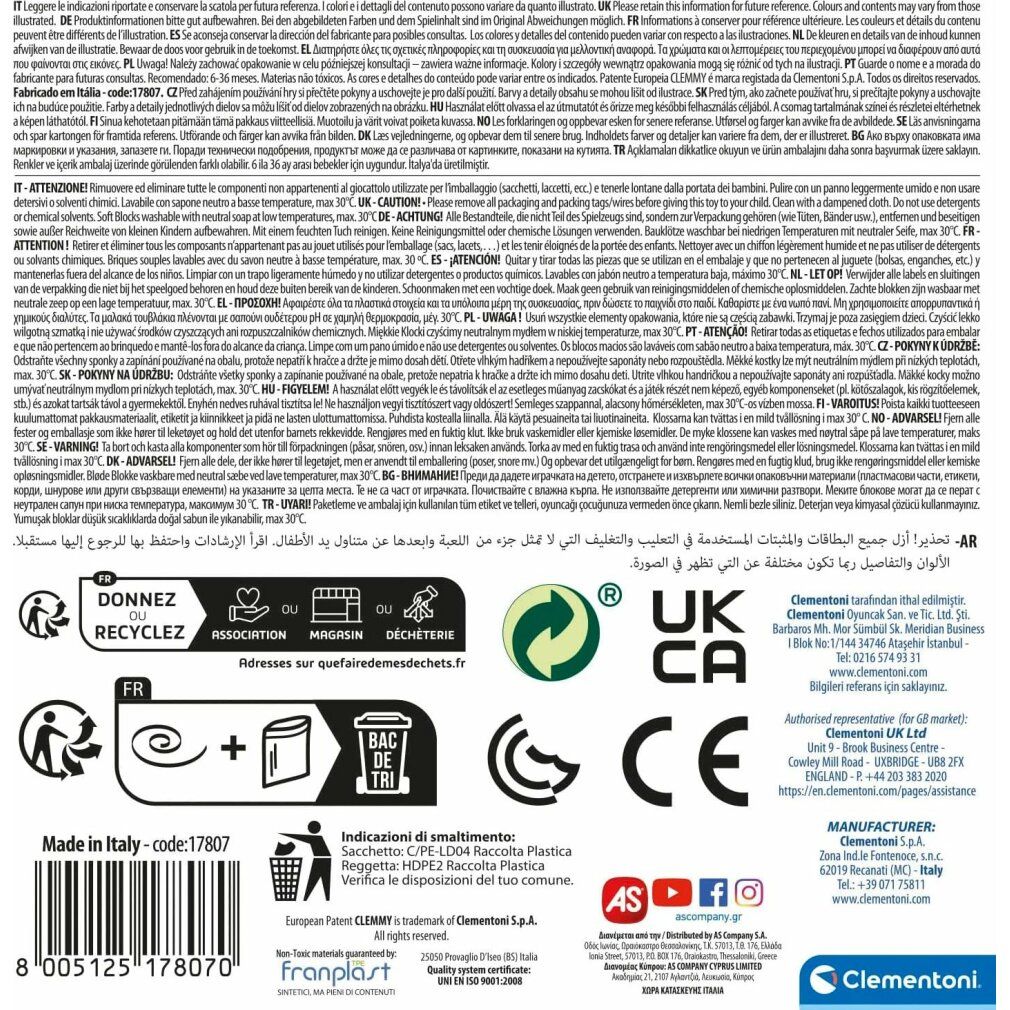 Retro della confezione. Testo multilingue. Loghi: UKCA, CE, riciclo, produttore Clementoni.