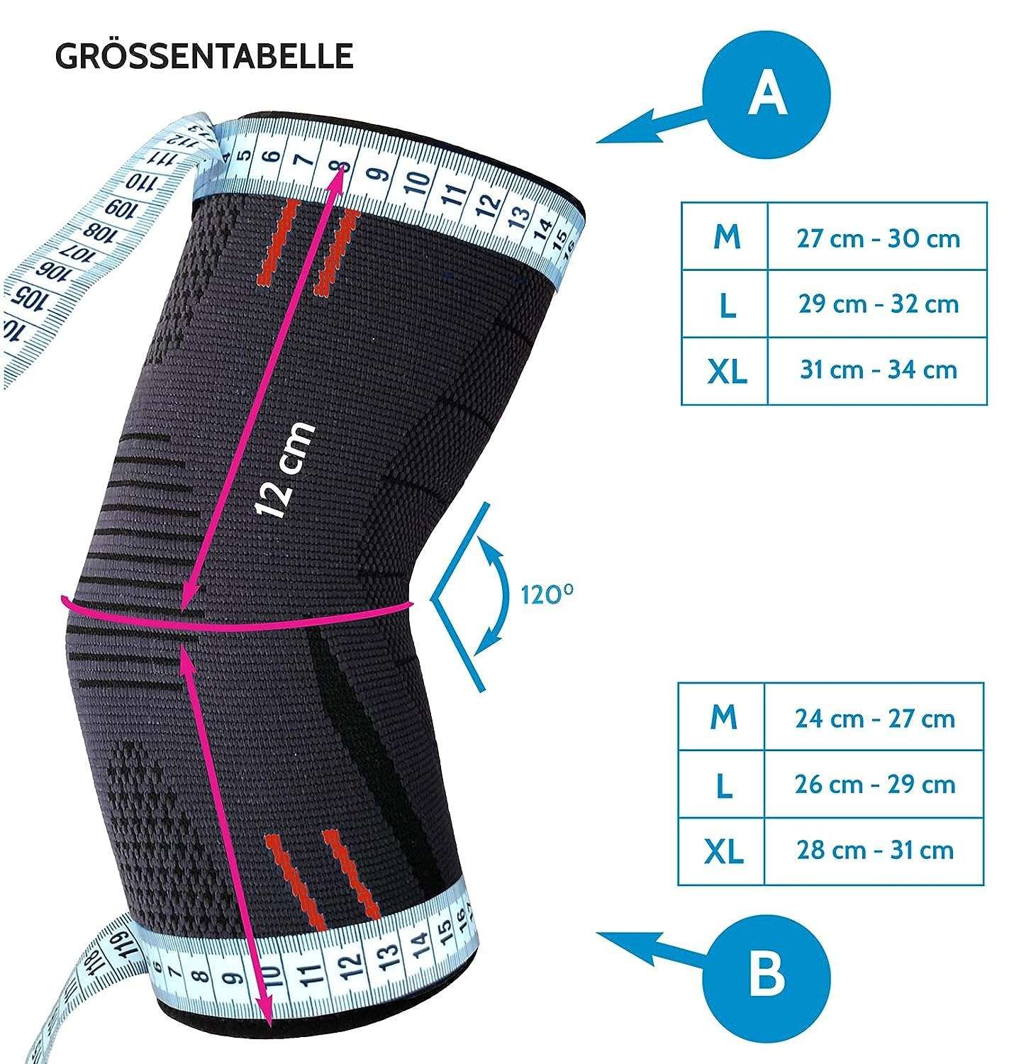Tabella taglie per tutore gomito. Misure in cm. Taglie: M, L, XL. Angolo di 120 gradi.